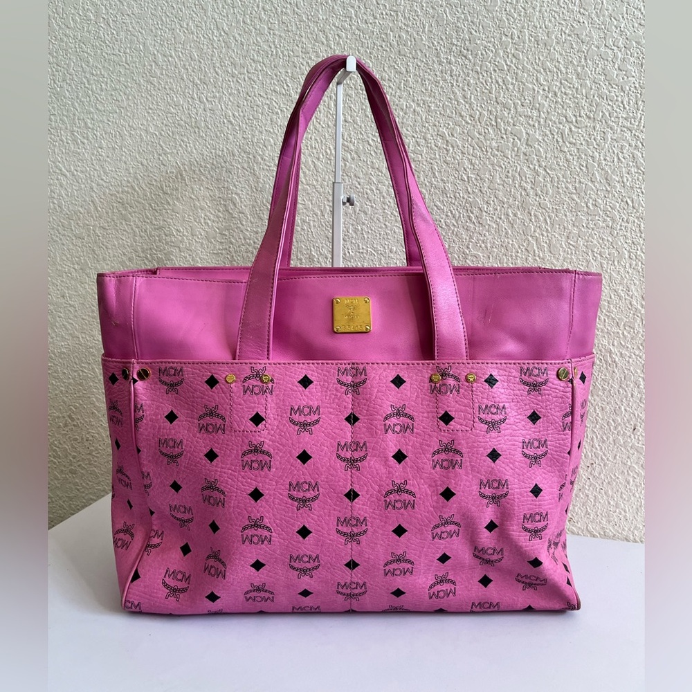 MCM Vibrant Pink Logo large Tote